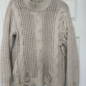 Forever 21 Cream Cable Knit Fringe Crewneck Sweater